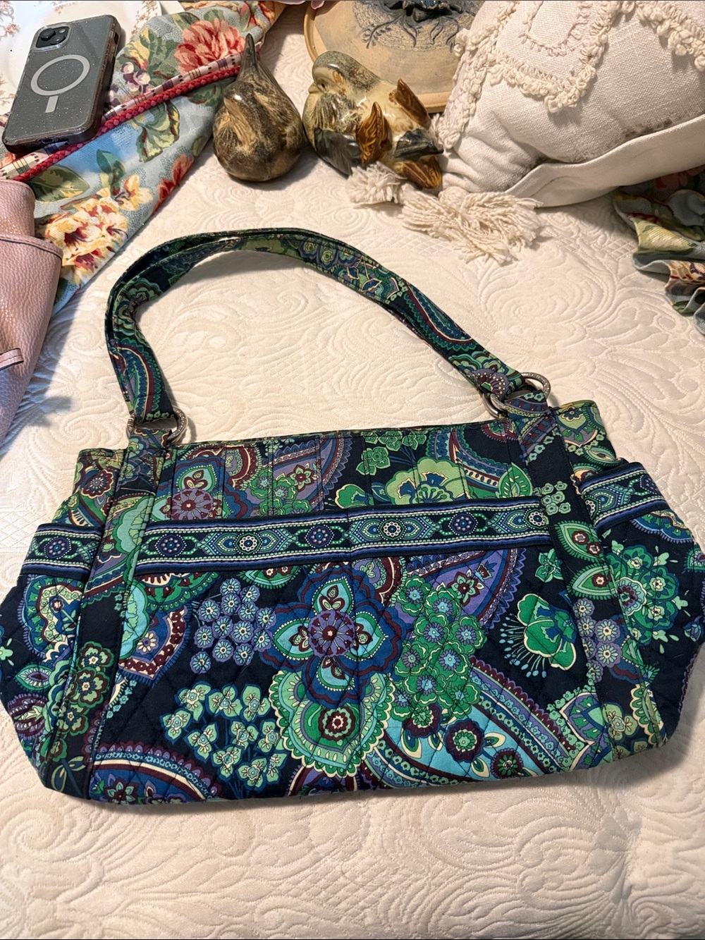Vera Bradley Navy Shoulder Bag with Green & Teal Paisley Floral Print